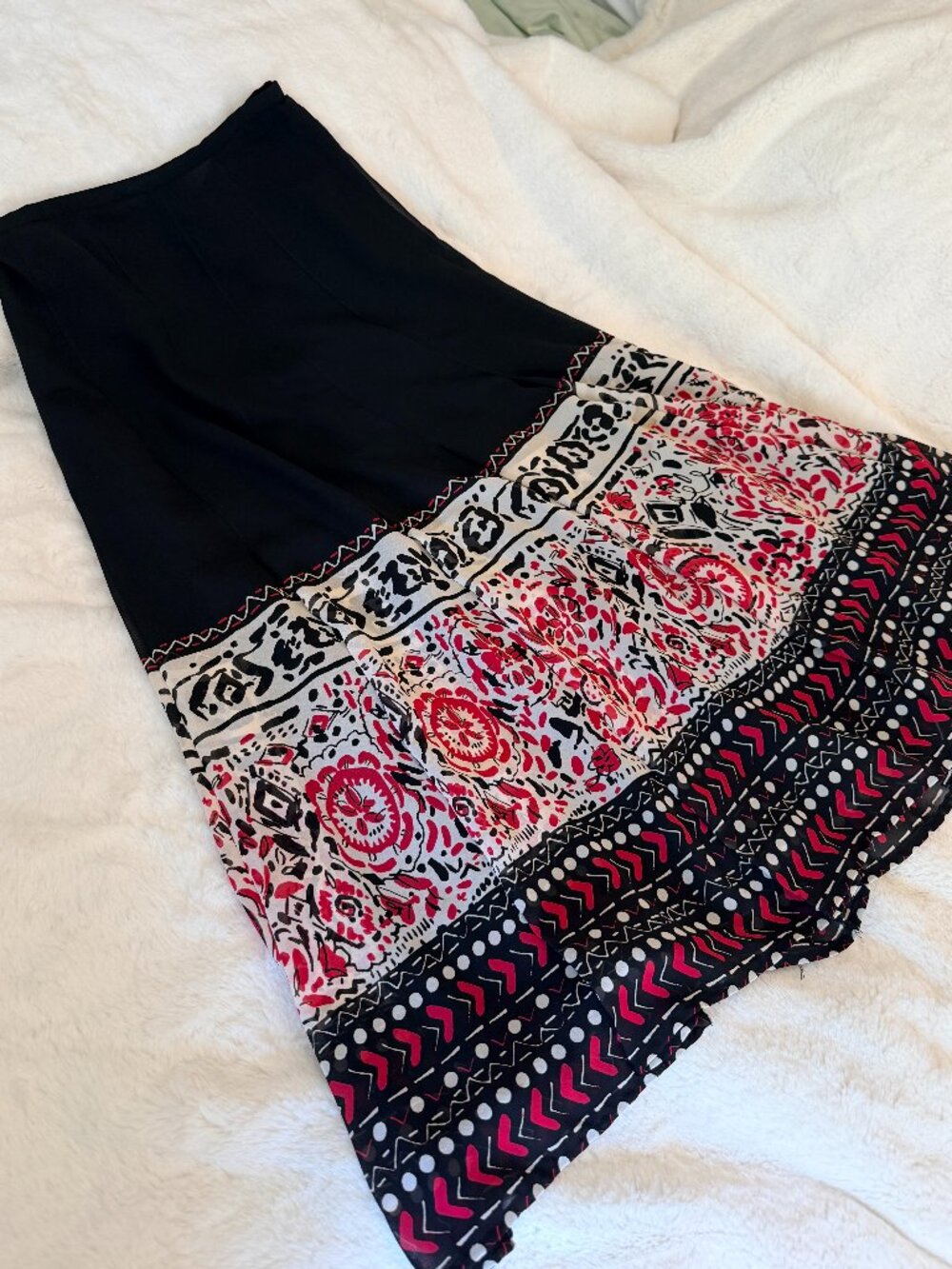Whimsical A|Line Black Sheer Chiffon Geometric Floral Panel Midi Skirt 6